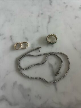 Lot of 3 Women's Silver Tennis Necklace with Gold and Emerald Accent Rings